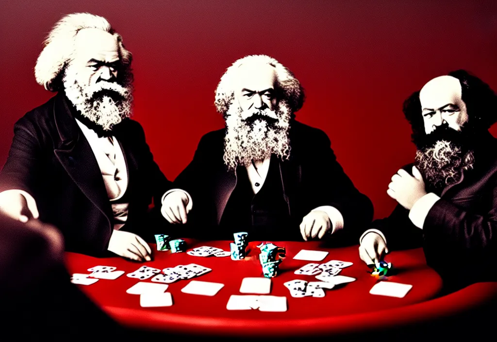 Image similar to Karl Marx playing poker against Lenine in Las Vegas, ultra HD, studio light, photorealism