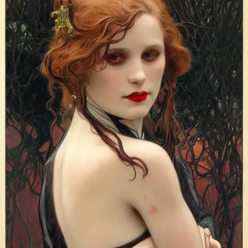 Image similar to portrait of a lady vampire, 35mm, 1920', depth of field, ominous, sharp, photorealistic, realistic, 8k, deviantart, donato giancola, irwin penn, Alphonse Mucha