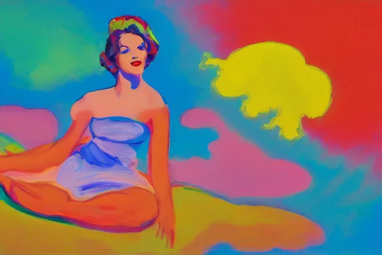 Image similar to a beautiful girl relaxing on a cloud by peter max, portrait,