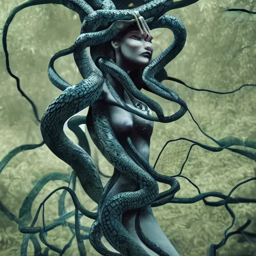 Image similar to dark queen of snakes, crown of vines, blue skin, realism, dark fantasy, surrounded by snakes in a twisted forest, octane render, artstation