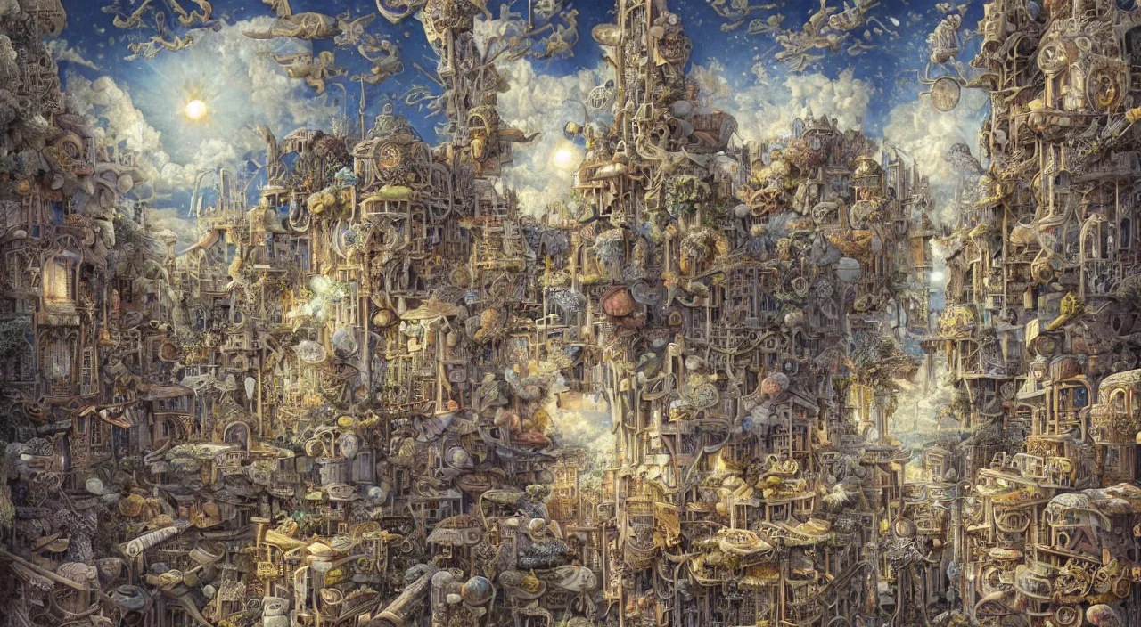 Image similar to pastel colours, guido borelli da caluso, richard dadd, smooth paper with detailed line work, Mandelbulb, Exquisite detail perfect symmetrical, silver details, hyper detailed, bold intricate ink illustration, smooth textures, steampunk, smoke, neon lights, starry sky, steampunk city, liquid polished metal, by jesper ejsing