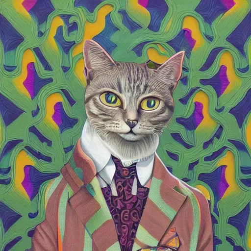 Prompt: an artistic portrait of cat in full tailored suit by Escher Casey Weldon, behance contest winner, colorful