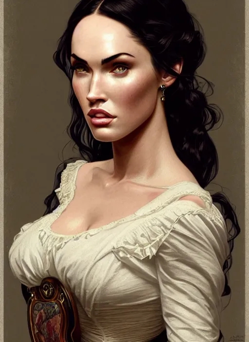 Prompt: portrait of megan fox in victorian dress, 1 8 9 0, intricate, headshot, highly detailed, digital painting, artstation, concept art, sharp focus, cinematic lighting, illustration, art by artgerm and greg rutkowski, alphonse mucha, cgsociety