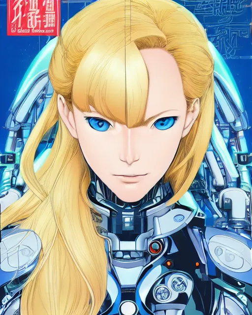 Prompt: portrait of a blonde woman with blue eyes as a robot, cybernetic enhancements, art by makoto shinkai and alan bean, yukito kishiro