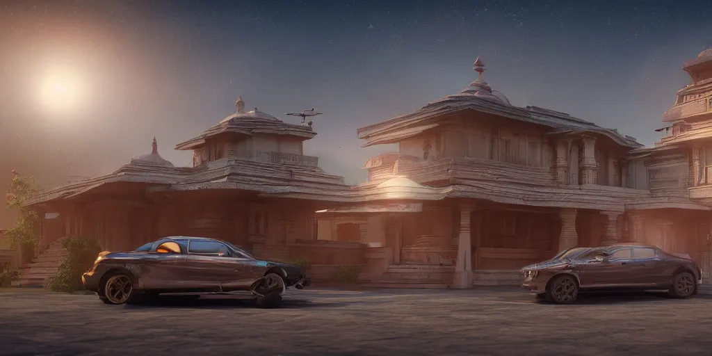 Image similar to a spaceship parked infront of an old richly decorated indian house. the, diffuse light, octane render, 4k, matte painting