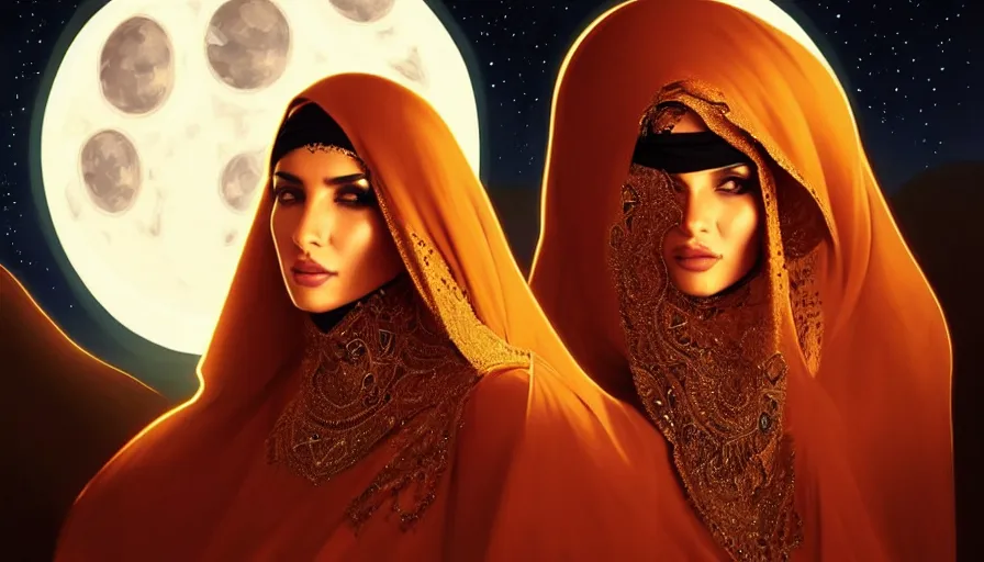 Image similar to Portrait of very very very very very very beautiful Arab woman wearing a Niqab, glowing magical eyes, energy trails, under giant full moon in the desert at night, intricate, elegant, highly detailed, digital painting, artstation, concept art, smooth, sharp focus, illustration, art by artgerm and greg rutkowski and alphonse mucha