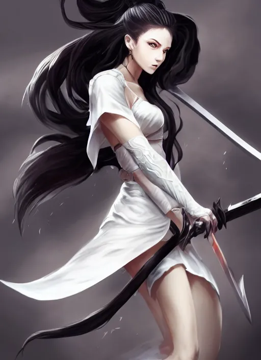 Image similar to a highly detailed illustration of fierce messy ponytail black haired one armed!!! delinquent woman wearing long white tokkoufuku cape, dramatic wielding sword pose, muscular, intricate, elegant, highly detailed, centered, digital painting, artstation, concept art, smooth, sharp focus, league of legends concept art, wlop.