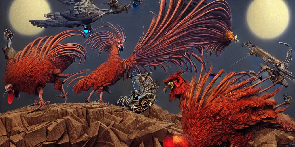 Image similar to digital painting of angry mechanical roosters fighting, by wayne barlowe and bob pepper and karl wilhelm de hamilton, dieselpunk, steampunk, highly detailed, intricate, sharp focus, portrait, talons, anatomy, beak, wings