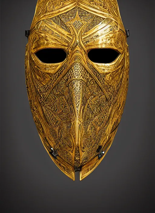 Image similar to armoured facemask, with intricate carving details in black and gold, ultra realistic, octane render, 8 k, hd, realistic lighting