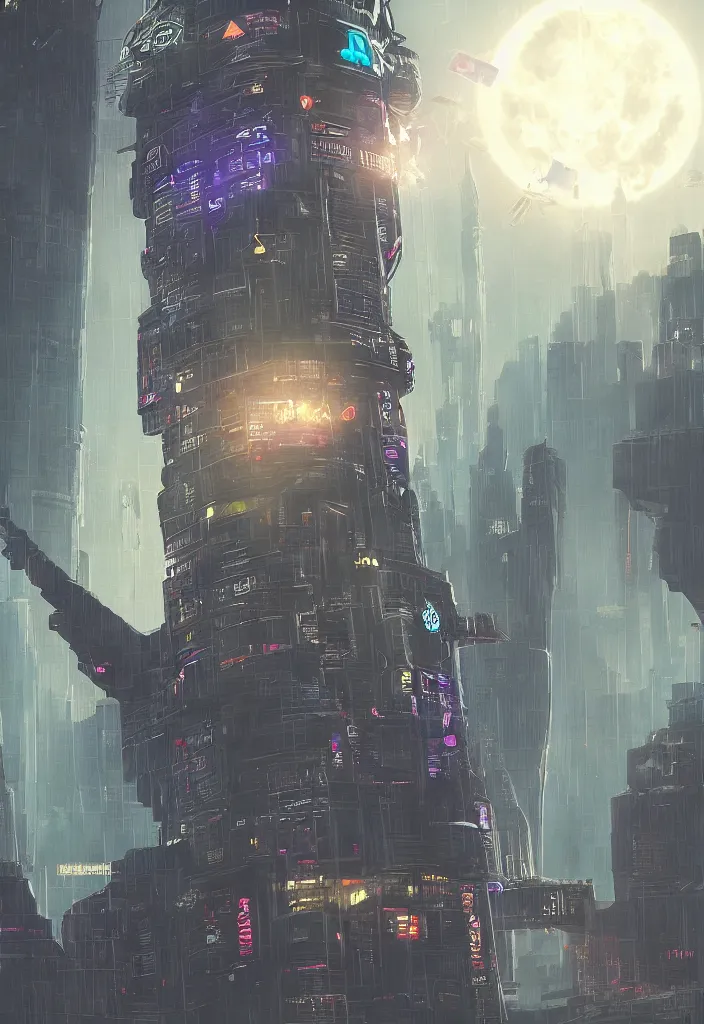 Image similar to a tarot card of the tower, cyberpunk themed art, concept art