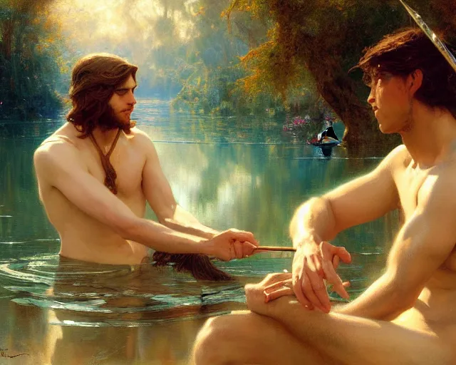 Image similar to attractive male wizard casting water spell in a beautiful lake. highly detailed painting by gaston bussiere, craig mullins, j. c. leyendecker 8 k