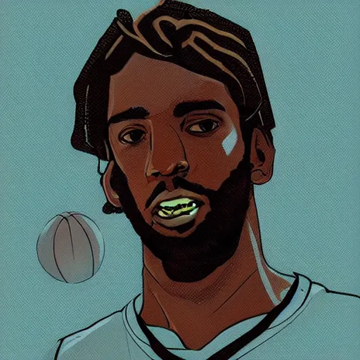 Image similar to a portrait of kawhi leonard holding a basketball by conrad roset, hyperdetailed, cyberpunk, cool, cybernetically enhanced, trending on artstation