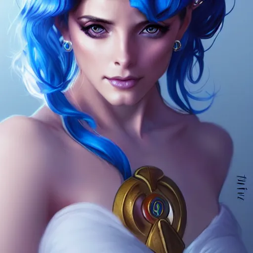 Image similar to Ashley Greene with blue hair as Sailor Moon, western, D&D, fantasy, intricate, elegant, highly detailed, digital painting, artstation, concept art, matte, sharp focus, illustration, art by Artgerm and Greg Rutkowski and Alphonse Mucha