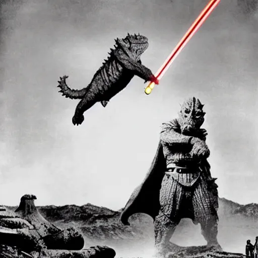 Prompt: Jedi fighting Godzilla, 1940s photograph