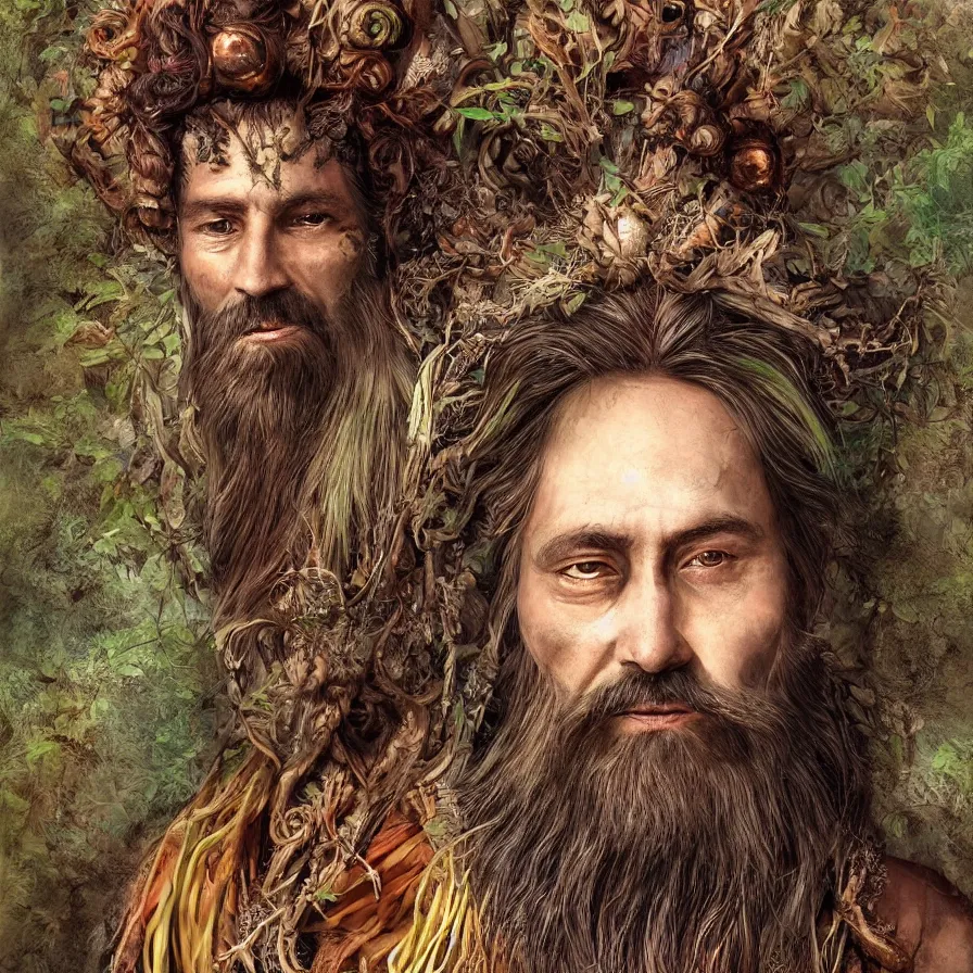 Image similar to Portrait of the Primeval Forest God, a bearded Western male druid deity that presides over nature and brings wisdom onto the world. His body is partially covered in tree bark. Headshot, insanely nice professional hair style, dramatic tribal dark hair color, bright colourful halo around the head, digital painting, of a old 17th century, amber jewels, baroque, ornate clothing, tribalistic sci-fi, realistic, hyper-detailed, chiaroscuro, concept art, art by Franz Hals and Jon Foster and Ayami Kojima and Amano and Karol Bak,