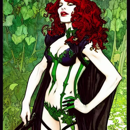 Prompt: a beautiful painting of poison ivy dressed as a teenage vampire, leather armored, dark eyeliner, intricate, elegant, highly detailed, digital painting, artstation, concept art, matte, sharp focus, illustration, art byby rebecca guay and by arthur rackham and by alphonse mucha and by john william waterhouse, comic book style!!