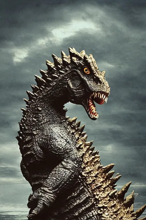 Image similar to Godzilla, kaiju, sea creature, crocodile, sharp teeth, scary look, angry