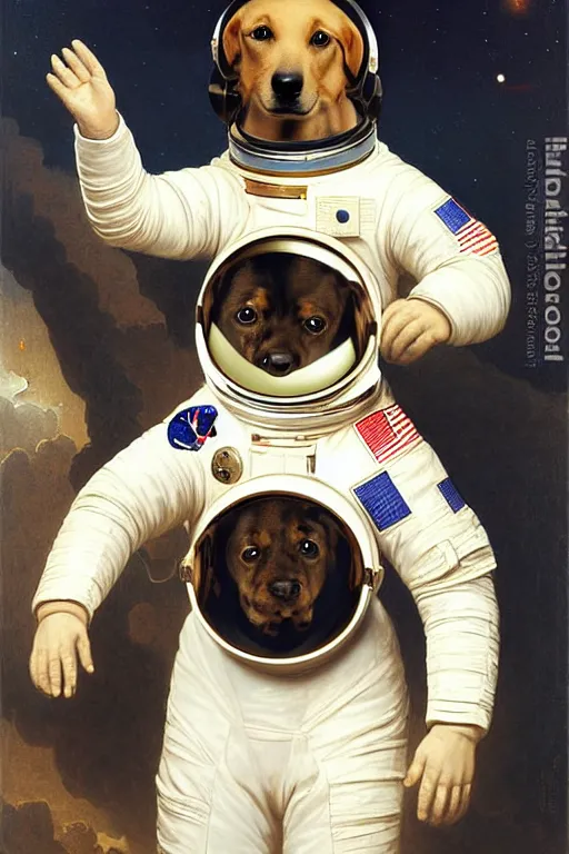 Image similar to portrait of a dog astronaut, wearing an astronaut helmet, by bouguereau