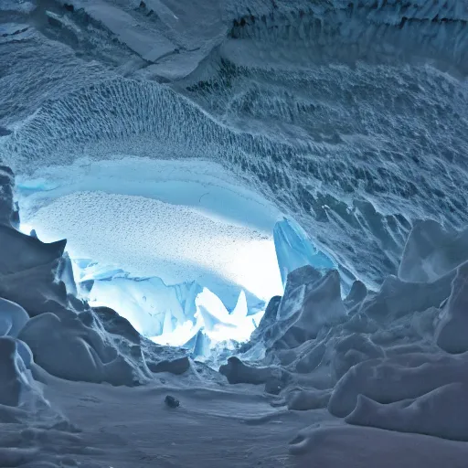 Image similar to dark glacier cave with a glowing spike of ice in the center, surreal,