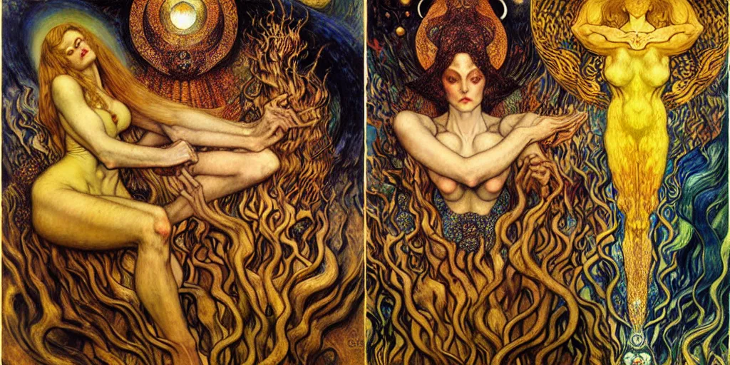 Image similar to Divine Chaos Engine by Karol Bak, Jean Delville, William Blake, Gustav Klimt, and Vincent Van Gogh, symbolist, visionary