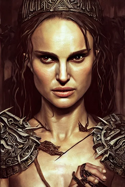 Image similar to natalie portman, warrior, lord of the rings, tattoos, decorative ornaments, by carl spitzweg, ismail inceoglu, vdragan bibin, hans thoma, greg rutkowski, alexandros pyromallis, perfect face, fine details, realistic shading, photorealism