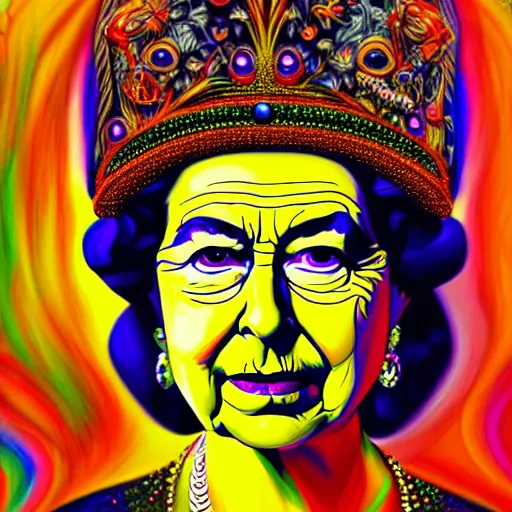 Image similar to An extremely psychedelic portrait of Queen Elizabeth, surreal, LSD, face, detailed, intricate, elegant, lithe, highly detailed, digital painting, artstation, concept art, smooth, sharp focus, illustration