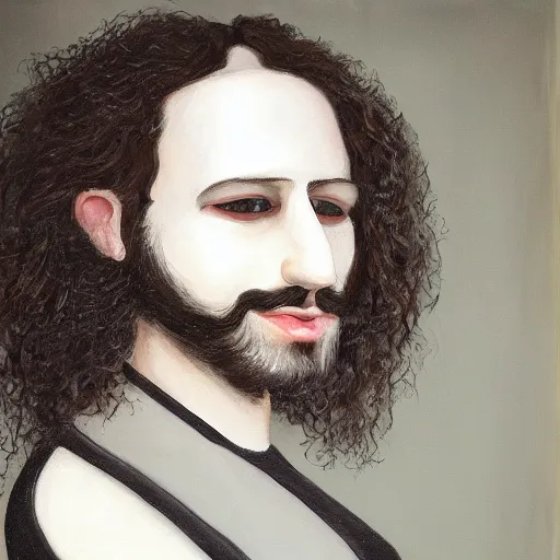 Prompt: a realistic painting of a pale faceless musician with long black curly hair and a beard muted colors