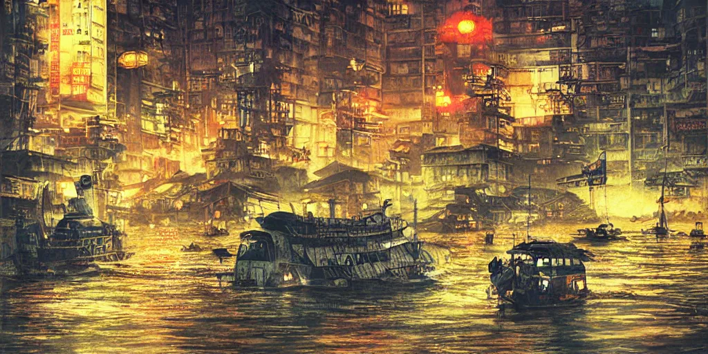 Image similar to cruiser sailing on flooded miniature kowloon city at night, raining, misty, art by yoshitaka amano, and artgerm, pixel art