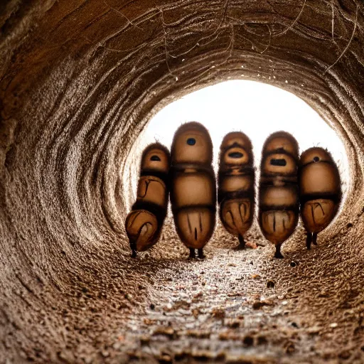 Image similar to cinematic photo of humans wearing realistic ant costumes in an underground dirt tunnel. several tunnel exits lead off in different directions. at the side of the tunnel are very large white pulsating ant larvae.