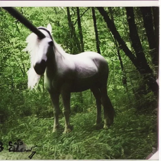 Prompt: polaroid photo of a unicorn! in a forest in the 1 9 6 0 s