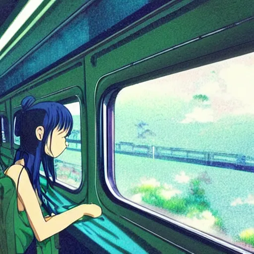 Prompt: girl look at train window, rainy day, anime, japan, ghibli, 9 0 s, retro style, aesthetic, chill, room