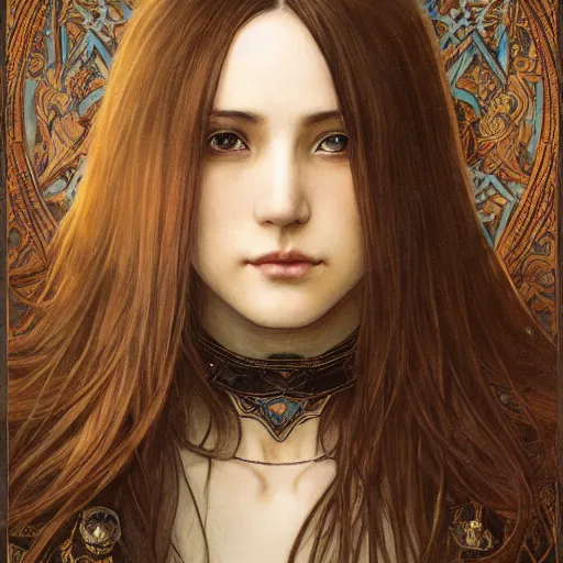Image similar to Masterpiece head and shoulders portrait of a female Kazuto Kirigaya Kirito, young woman with brown long hair and bangs and wearing a long black coat breast-armor showing through, face, fantasy, intricate, elegant, highly detailed drawn by Donato Giancola and Fernanda Suarez and Artem Demura, face by Artgerm and Edmund Leighton, Alphonse Mucha, background by James Jean and Gustav Klimt, 4k, porcelain skin, komorebi, french nouveau, trending on pixiv, octane render, hyperrealistic