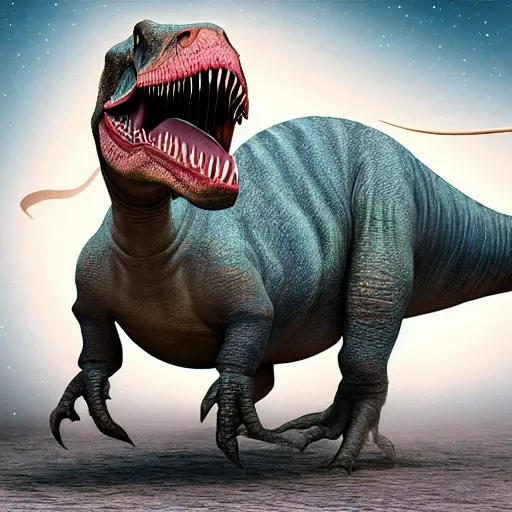 Prompt: a hyper realistic digital painting of a dinosaur in an space
