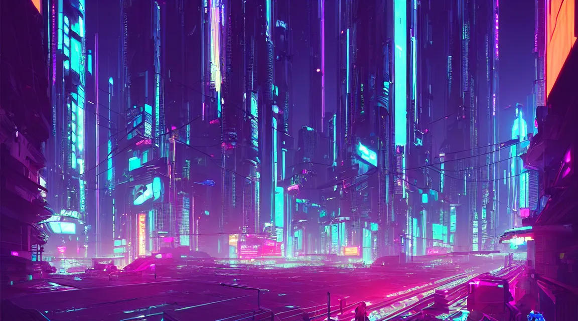 Image similar to street view of futuristic cyberpunk city at night with neon lights, retro. james gilleard. cyberpunk art by stephan martiniere, cgsociety, ring towers, line art, retrofuturism, retrowave, futuristic, zaha hadid, beeple