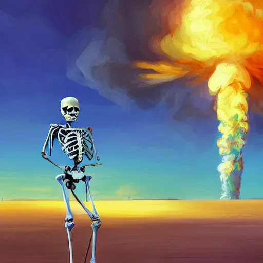 Image similar to Beautiful digital painting portrait of relaxed (((skeleton walking on the tropical beach))) with nuclear bomb explosion in the background!!!, by James Gurney, high quality, trending on Artstation, aesthetic lightning, anatomically correct skeleton, high coherence, blue sky