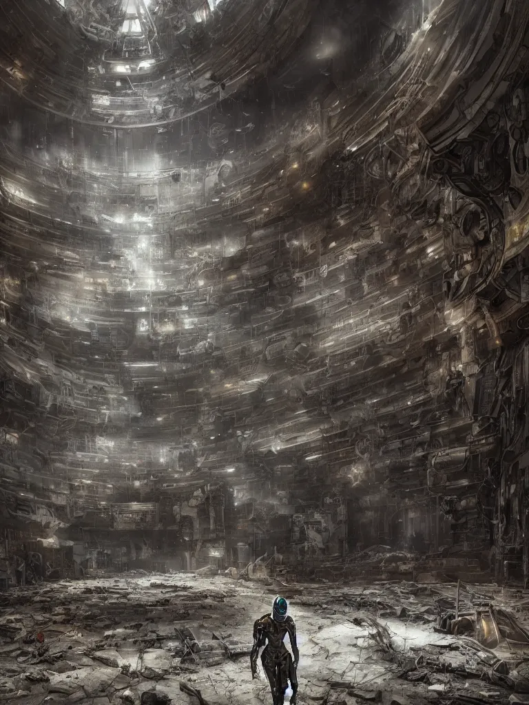 Prompt: portrait of a cyborg, standing in a hall of abandoned ancient megacomplex; hyperrealistic, 4K wallpaper, cinematic lighting, highly detailed and beautiful