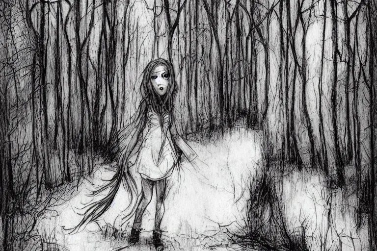 Prompt: mad girl wandering the woods artwork by ben templesmith