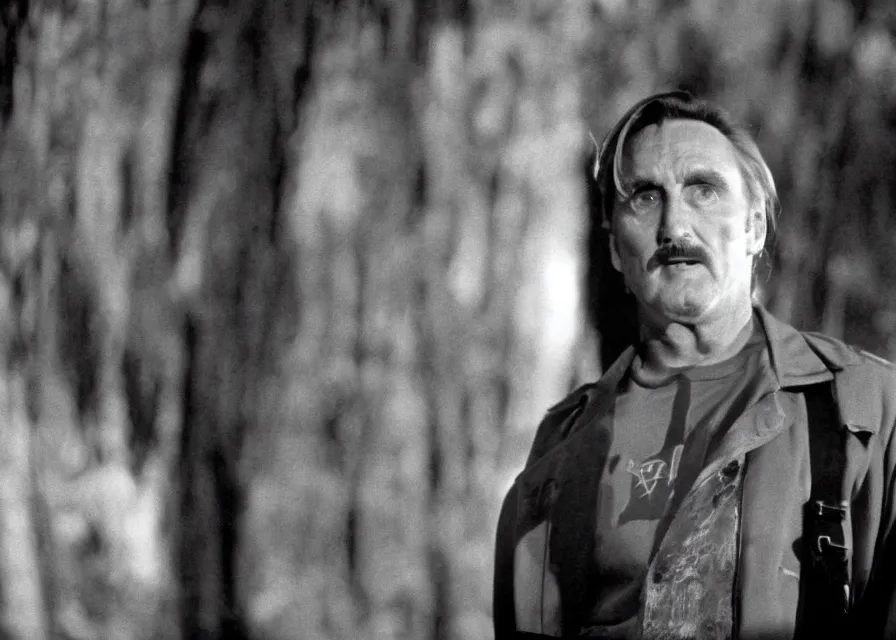 Image similar to Film still of 1980s Dennis Hopper in Twin Peaks (1990), The Black Lodge from Twin Peaks, eerie lynchian photography