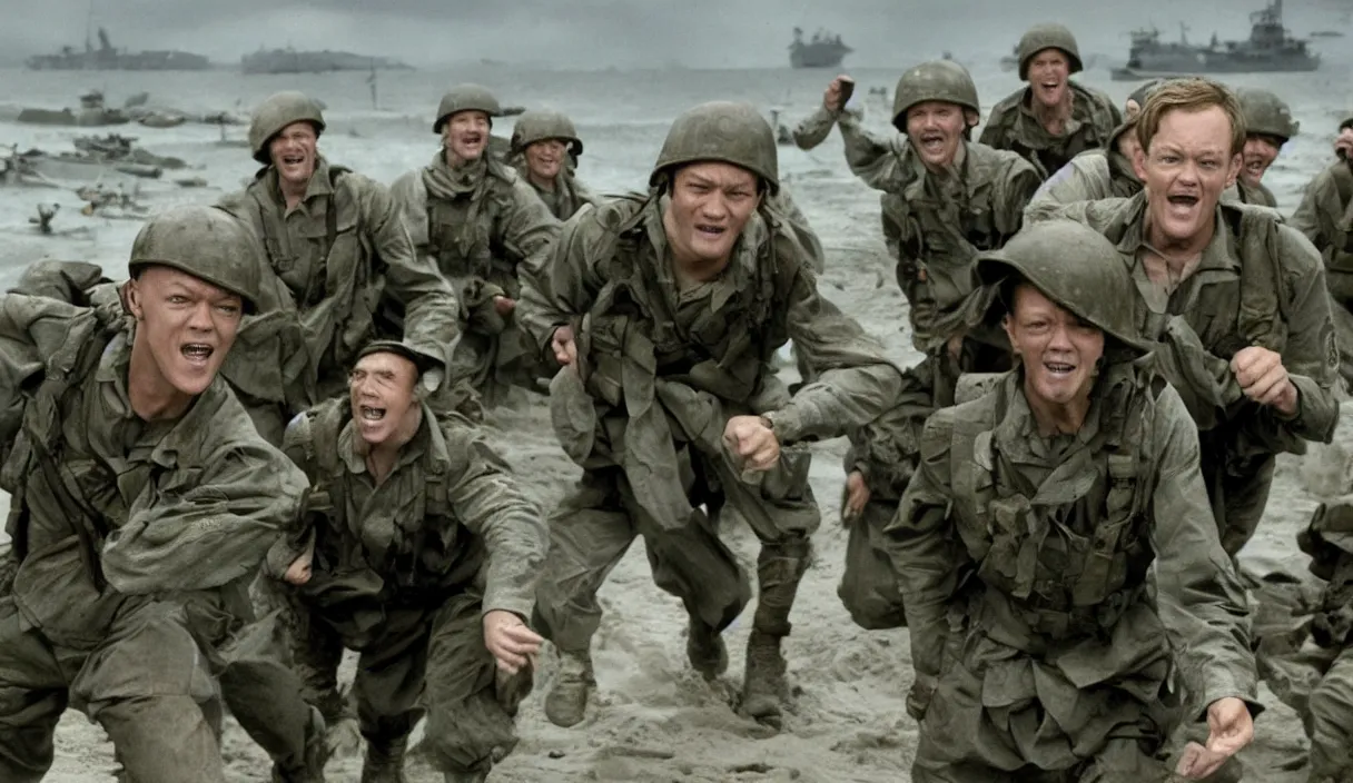 Image similar to Hollywood image of Matthew Lillard as shaggy from scooby doo, storming the beaches of Normandy, with soldiers by his side, saving private Ryan, 70mm film, HD, high detail, photorealistic, epic shot, Hollywood cinematic masterpiece, Christopher Nolan