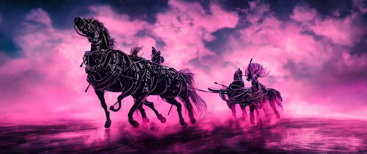 Image similar to space, a 3 horse - drawn, a mechanical horse with a pink mohawk drives a pirate spaceship, punk, hyperdetailed illustration, stars, pink, neon, oil painting, rich deep colors masterpiece, pirate neon ship, ultra detailed, contrast, heaven pink, clouds, volumetric light, atmospheric lighting, dramatic, cinematic, moody, octane render 4 k, 8 k