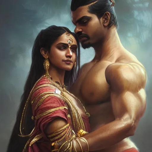 Prompt: portrait painting of dark muscular indian royal couple hugging, ultra realistic, concept art, intricate details, eerie, highly detailed, photorealistic, octane render, 8 k, unreal engine. art by artgerm and greg rutkowski and alphonse mucha