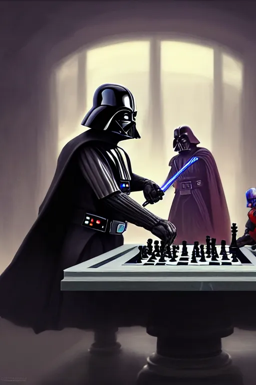 Image similar to darth vader playing chess against thanos on a marble table, extremely detailed digital painting, in the style of fenghua zhong and ruan jia and jeremy lipking and peter mohrbacher, mystical colors, rim light, beautiful lighting, 8 k, stunning scene, raytracing, octane, trending on artstation