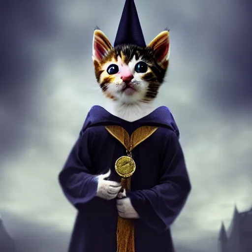 Prompt: a kitten wearing wizard robes and wizard hat, matte oil painting, eldritch, magical, fog, noble, full body portrait, extremely detailed, inspiring, award - winning, clear, crisp, sharp, 4 k, 8 k