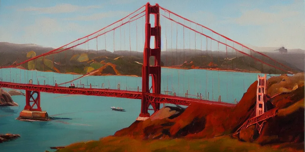 Image similar to beautiful oil painting of golden gate bridge by olof krans