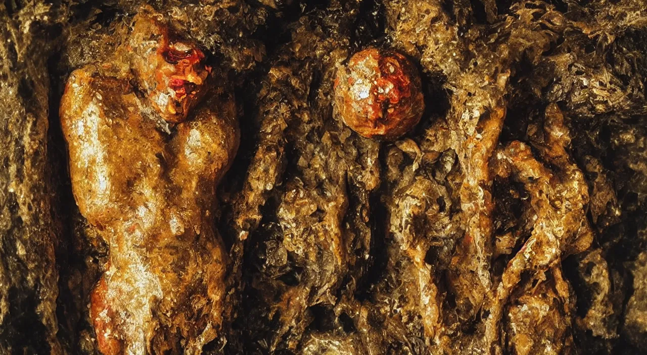 Prompt: “ surrealistic full body photo of a very primitive pre-human Neanderthal woman jewel melted in a meatball gold jewel like a mitological temple with smeralds and diamonds , anthropology photography, color kodakcrhome 64,National Geographic ”