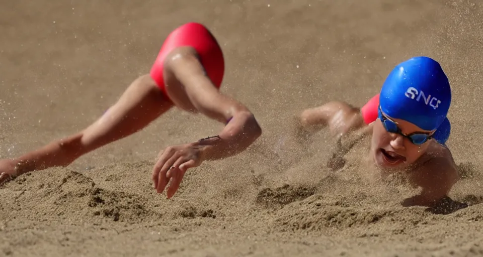 Image similar to olympic swimming in sand instead of water, extremely coherent, motion blur