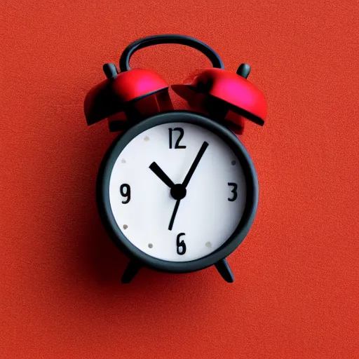 Image similar to Very tiny red alarm clock that looks like the iOS emoji and has the same colors, 3D clay render, 4k UHD, white background, isometric top down left view, diffuse lighting, zoomed out very far