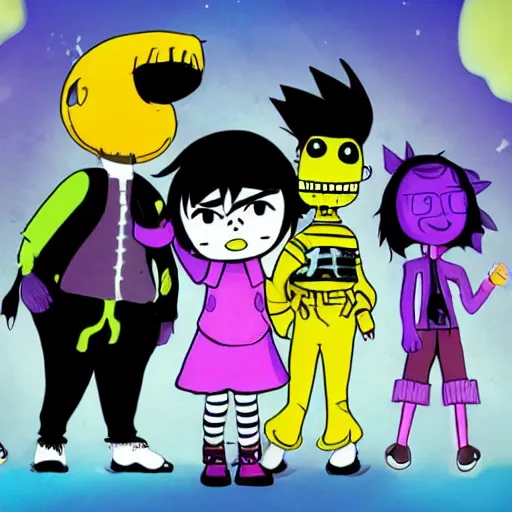 Image similar to six from little nightmares, lucy loud, noodle gorillaz phase 2, kris deltarune, joey ramone