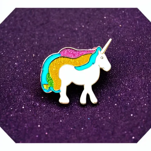 Image similar to glitter enamel pin of a white unicorn with rainbow mane, product photography