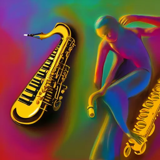 Prompt: a saxophone, a piano, and a double bass. jazz. abstract. oil paint. digital image. highly saturated. whimsical. digital art, octane, ue 5, 8 k, 4 k, hq, concept art.